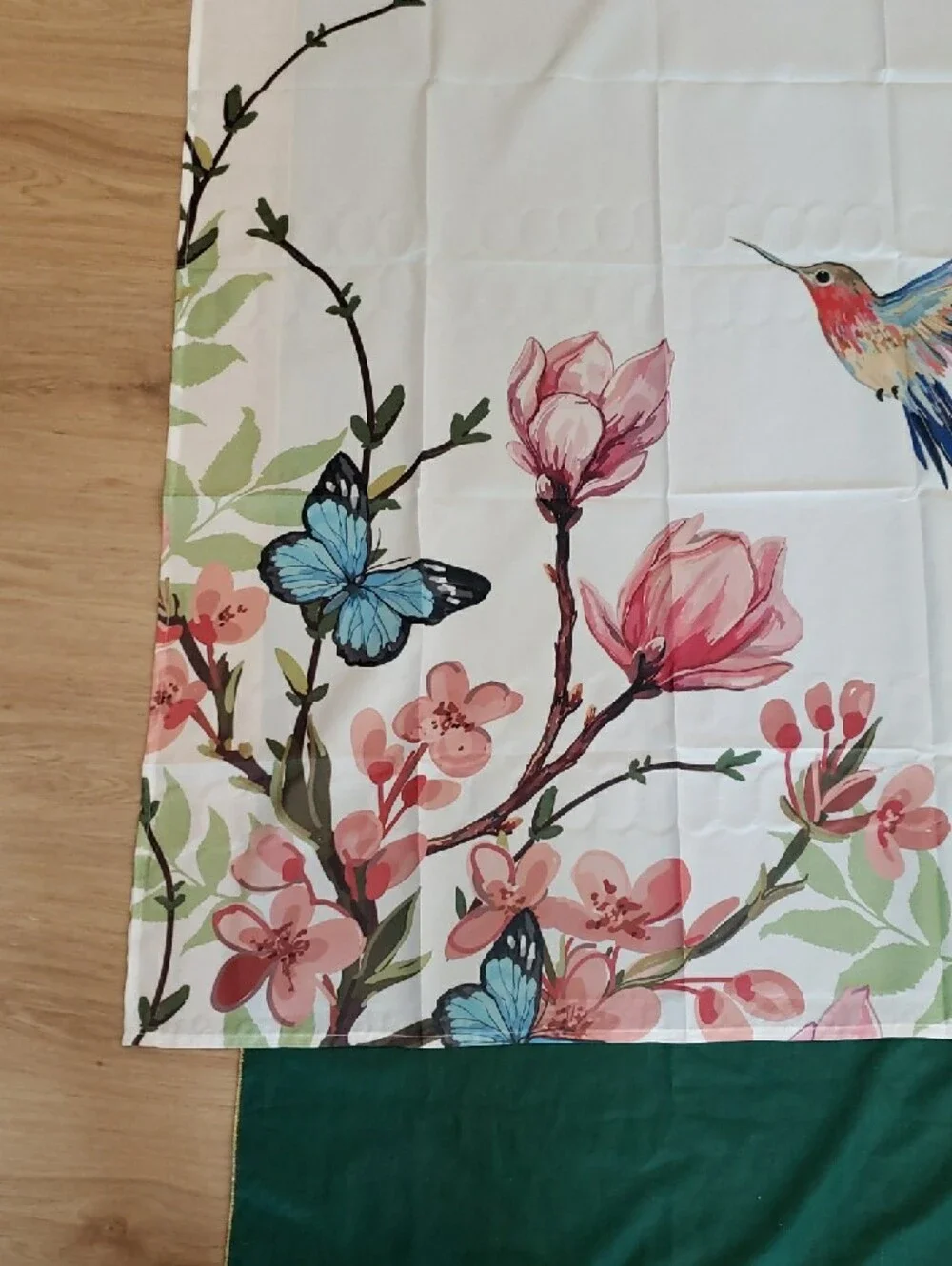 NEW Shower Curtain Allenjoy Pink Floral & Hummingbirds on White & Butterflies